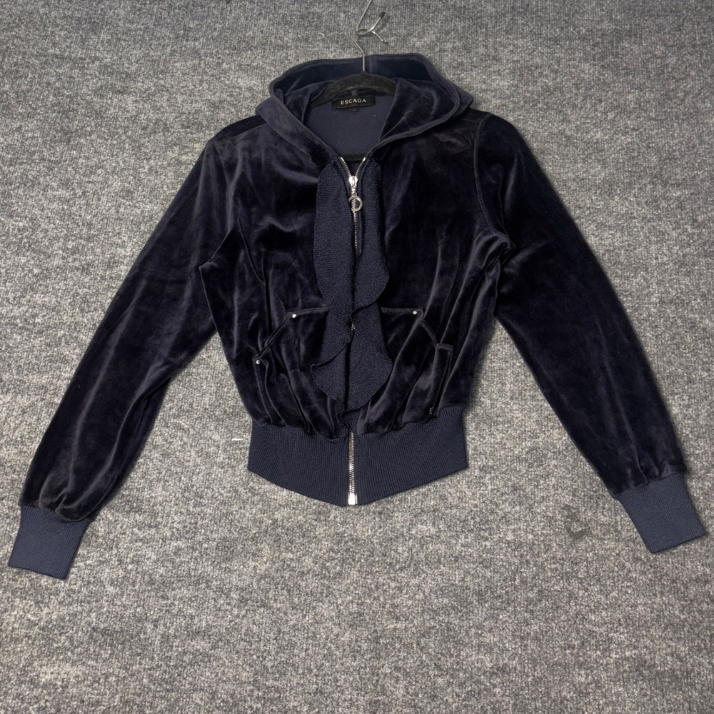 Escada Sport Velour Zip-Up Hoodie Jacket Womens M Black Luxury Y2K Designer.
